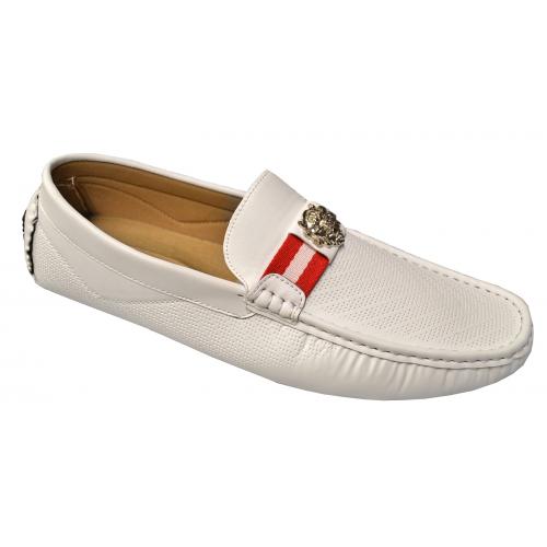 Faranzi White / Red Perforated Faux Leather Casual Driving Loafer Shoes F41373